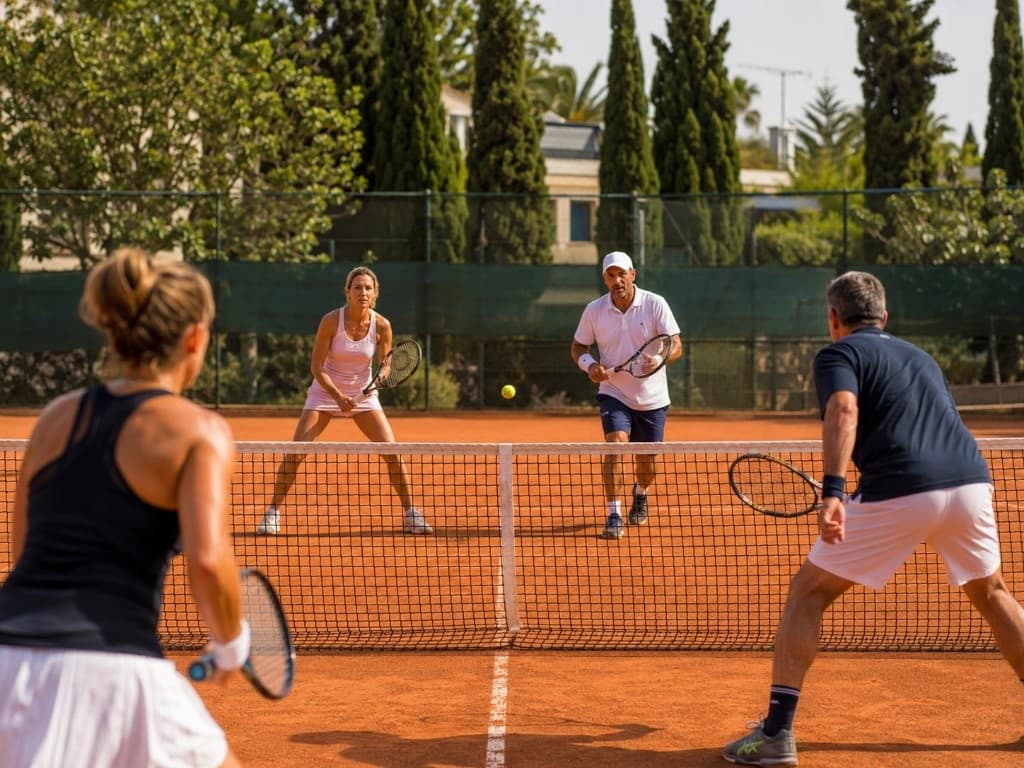 Illustrative TENNAWAY image of competitive adult doubles. Not a photograph of this camp or operator.