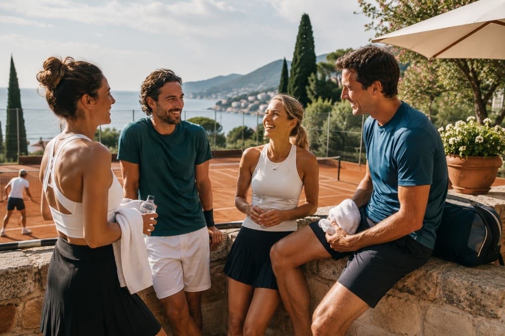 Players talking together on a clay court after a match
