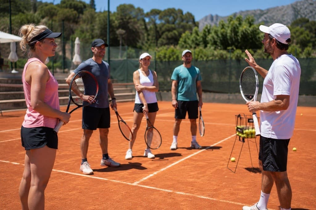 Adults in a group tennis lesson on a clay court