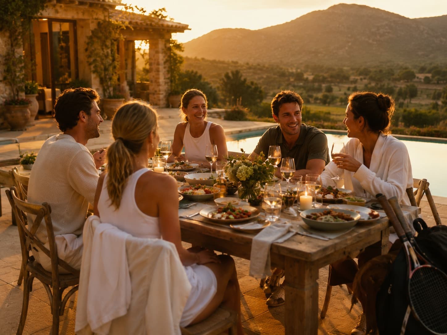 Illustrative TENNAWAY image of a villa dinner after tennis. Not a photograph of this camp or operator.